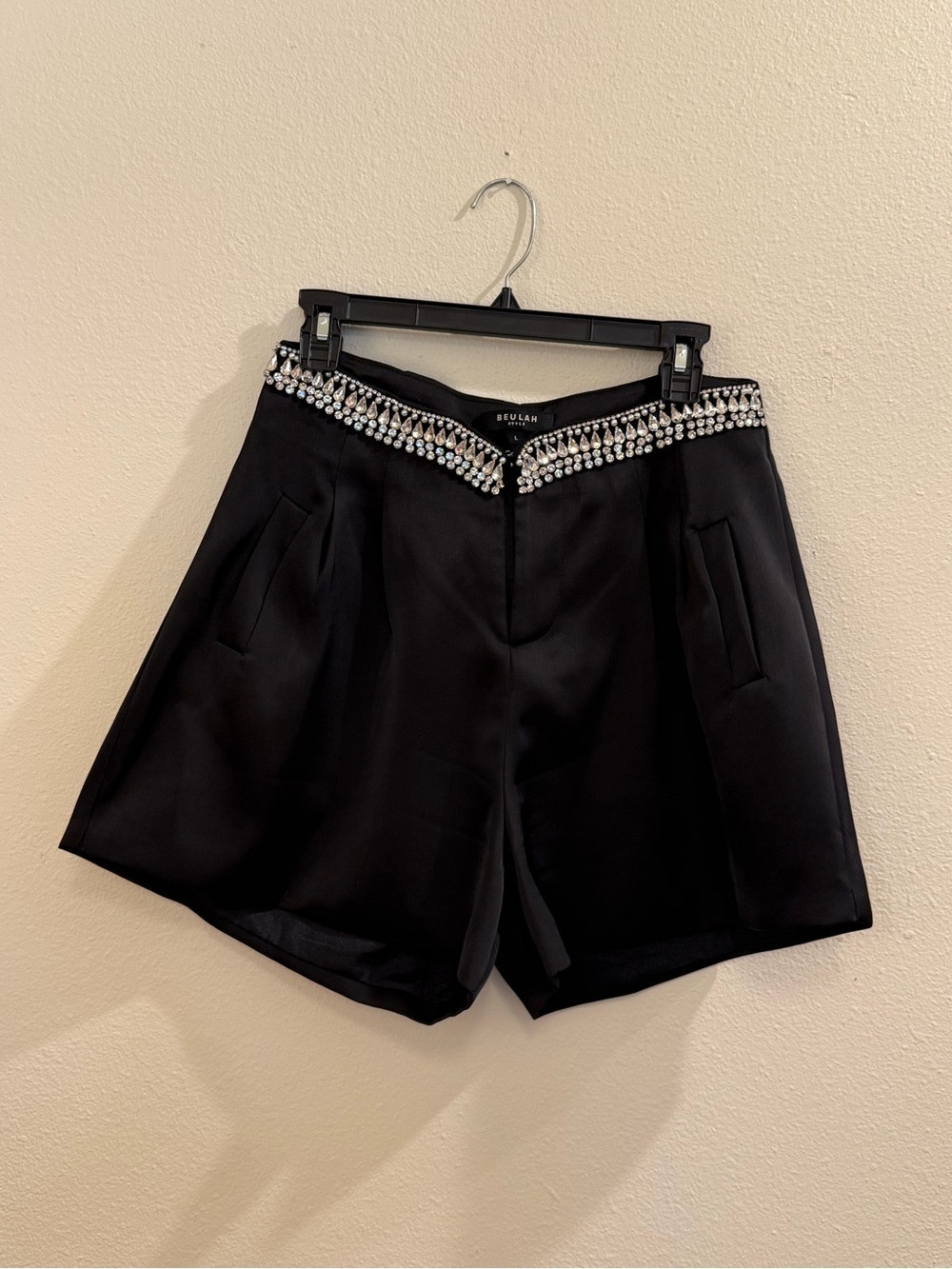 Beulah Black Satin Shorts with Crystal-Trim Waist
